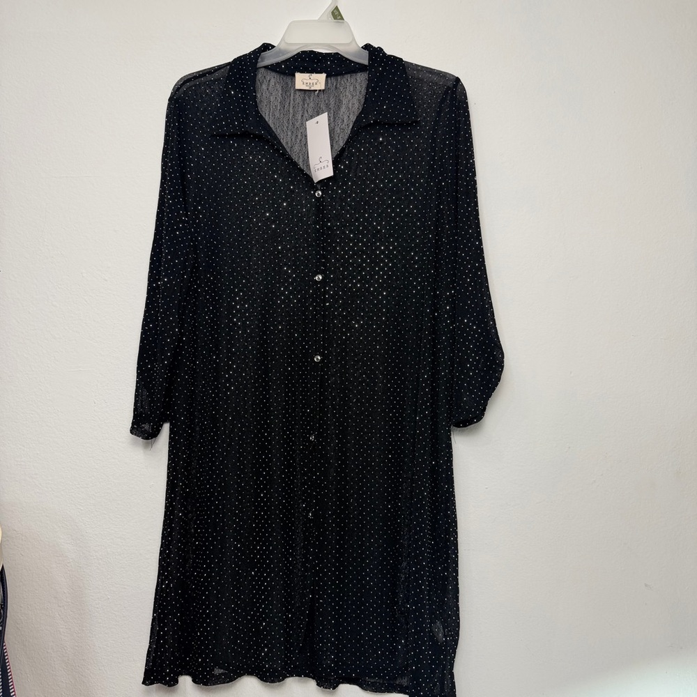 Black Mesh Overlay Tunic Dress Studded Rhinestone Button-Up Dress. - Picture 3 of 9